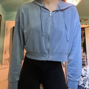 Blue velvet zip up hoodie.
